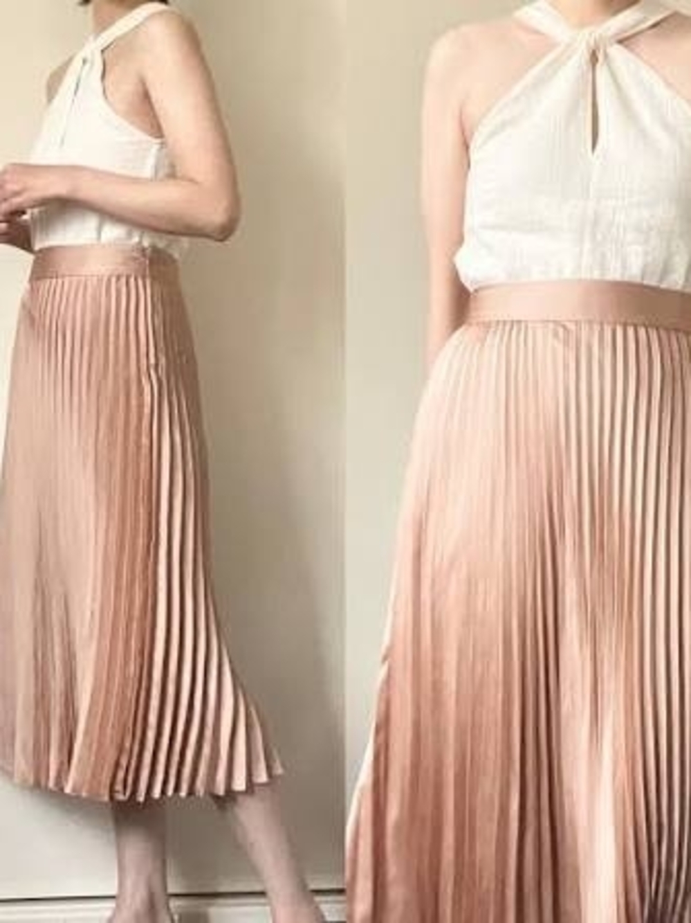 Sezane Dino Pleated Satin Midi Skirt in Champagne Size 34